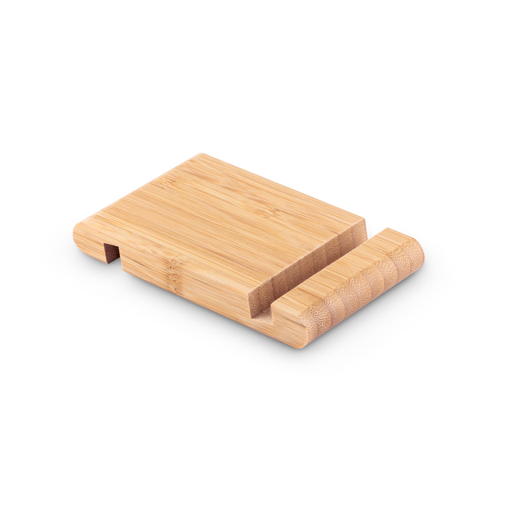 Suporte para celular com duas canaletas de tamanhos diferentes, em bambu