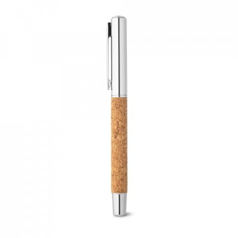 ANDREW. Caneta roller em aço inox 90% reciclado e cortiça com escrita em azul